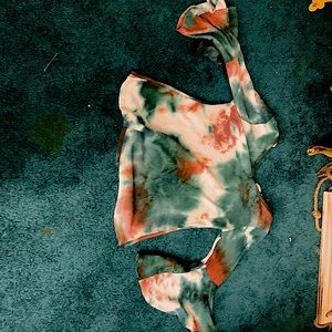 Blue oarngw rude dye v neck bell sleeve